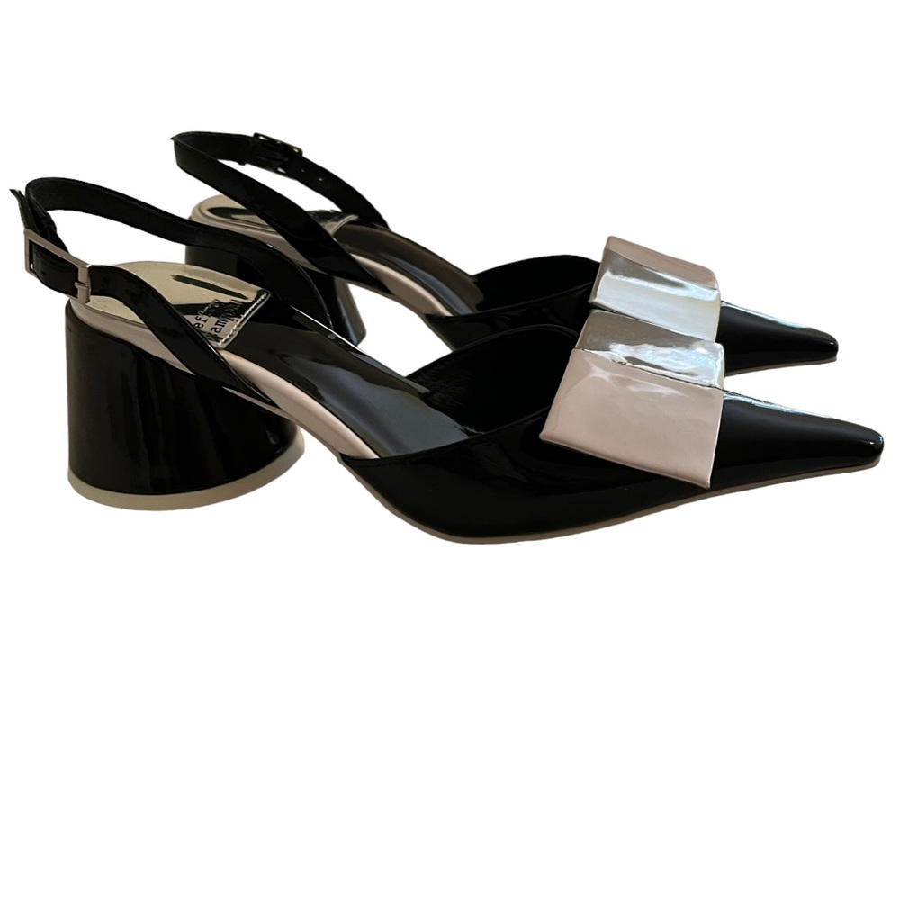 Jeffrey Campbell "Kari" Black/White/Silver Patent Leather Pointed Sling Back 6.5